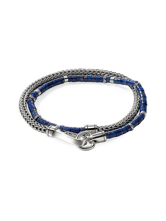 Mens Heishi Sterling Silver & Lapis Lazuli Chain Double Wrap Bracelet Product Image