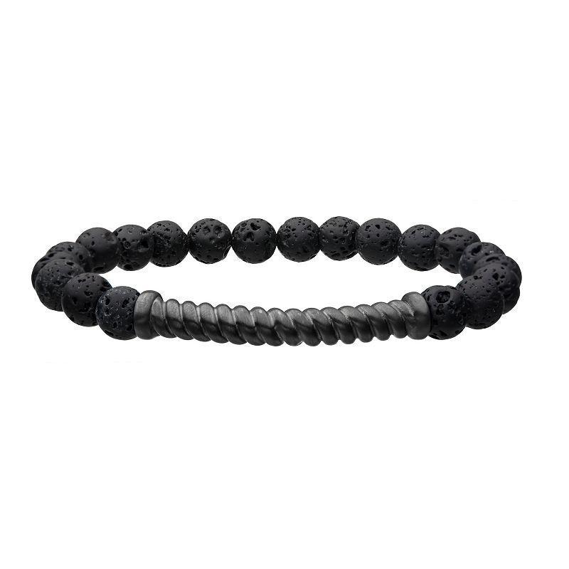 Mens Gunmetal Stainless Steel Twist Plate & Lava Bead Stretch Bracelet Black Product Image