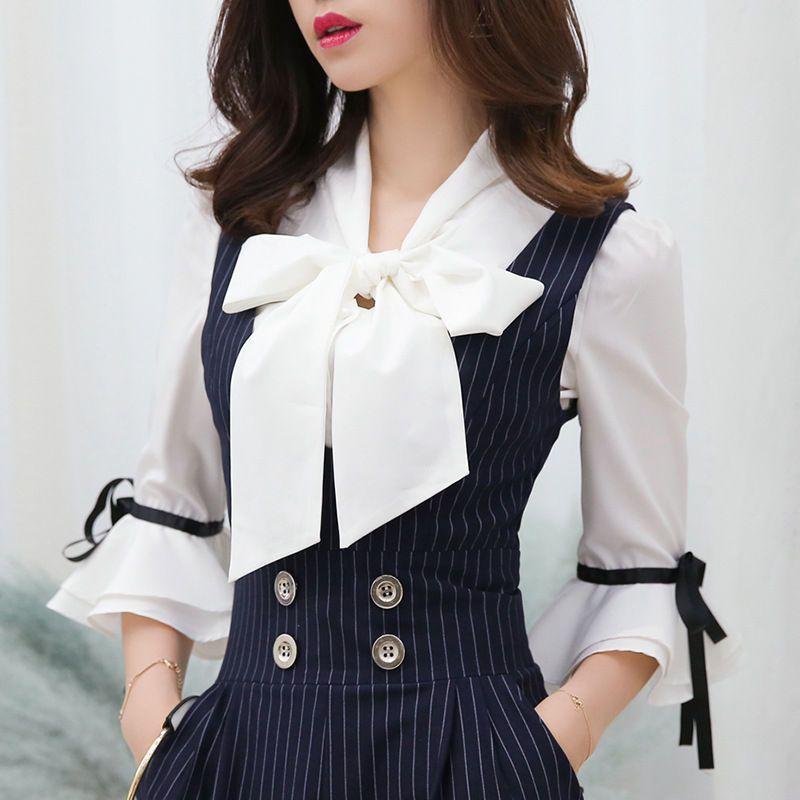 Tie-Neck Blouse/ Pinstripe Sleeveless Playsuit Product Image