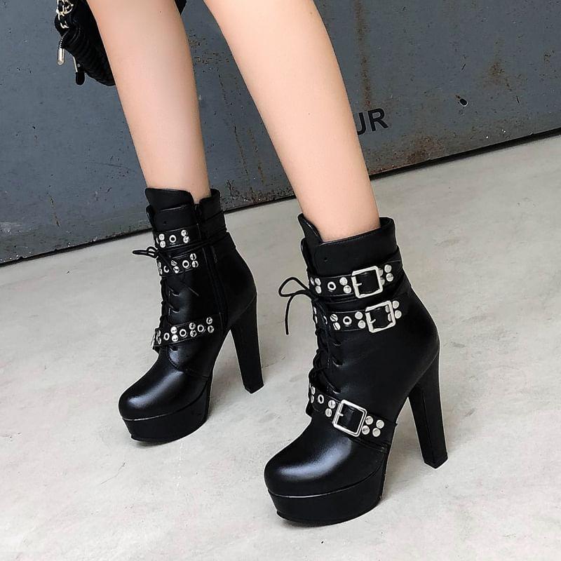 Platform Chunky Heel Buckled Lace-Up Short Boots product image