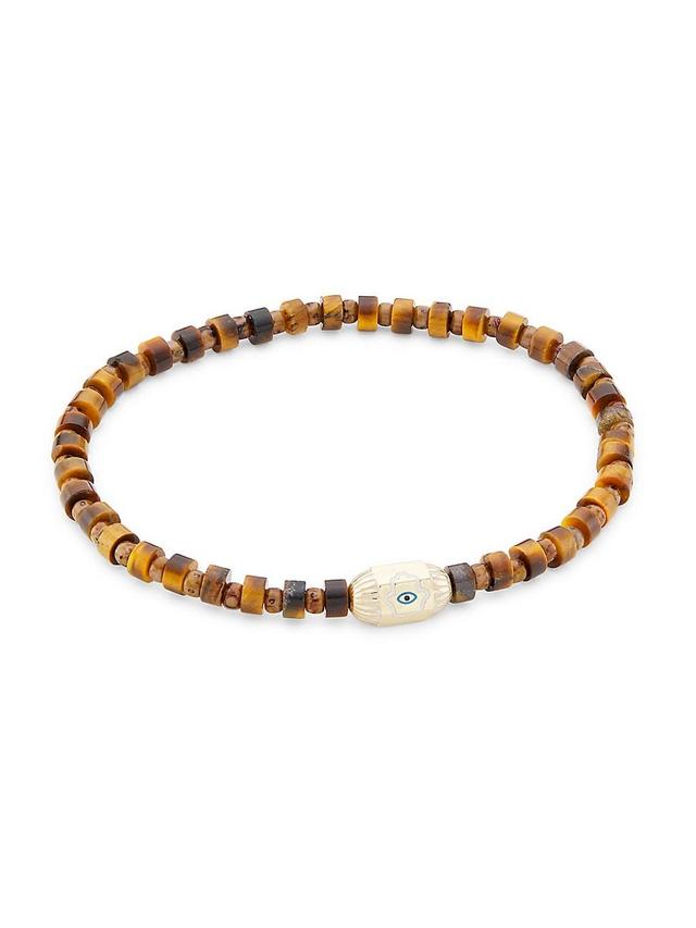 Mens Evil Eye Tigers Eye & 14K Yellow Gold Beaded Bracelet Product Image