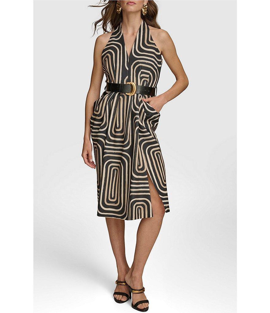 Donna Karan Sleeveless V-Neck Belted Printed Midi Dress Product Image