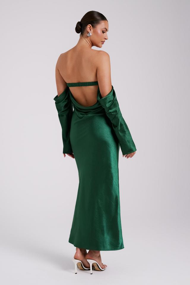 Vee Off Shoulder Satin Midi Dress - Emerald Product Image