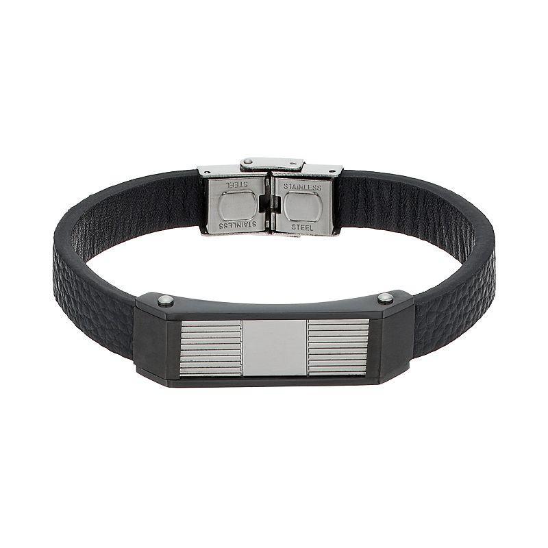 Mens Stainless Steel & Black Leather Bracelet Product Image