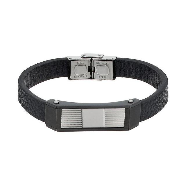 Mens Stainless Steel & Black Leather Bracelet Product Image