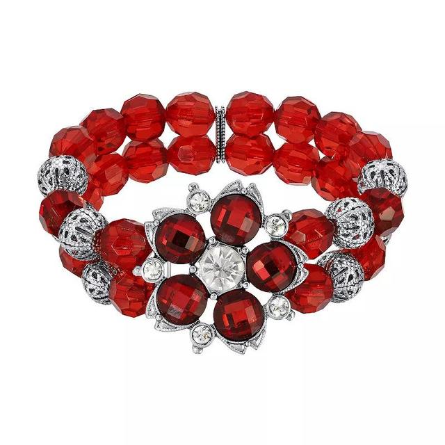 1928 Silver Tone Red Beaded Crystal Flower Stretch Bracelet, Womens Product Image