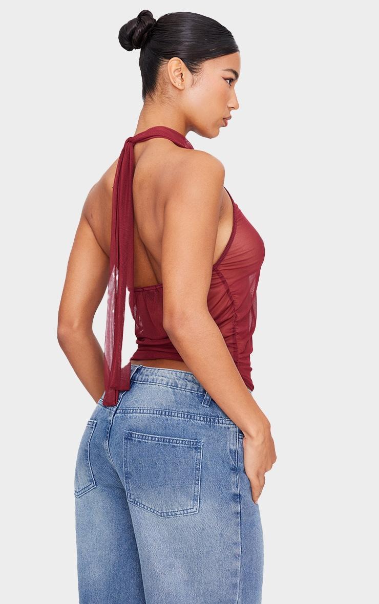 Burgundy Mesh High Neck Backless Long Top Product Image