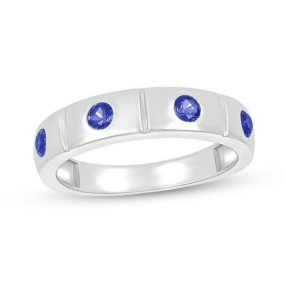 Men's Blue Lab-Created Sapphire Station Ring in 10K White Gold Product Image