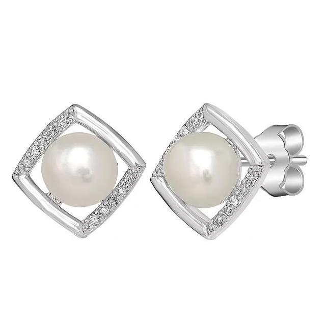 Gemistry Sterling Silver Freshwater Cultured Pearl & Cubic Zirconia Square Halo Stud Earrings, Womens Product Image