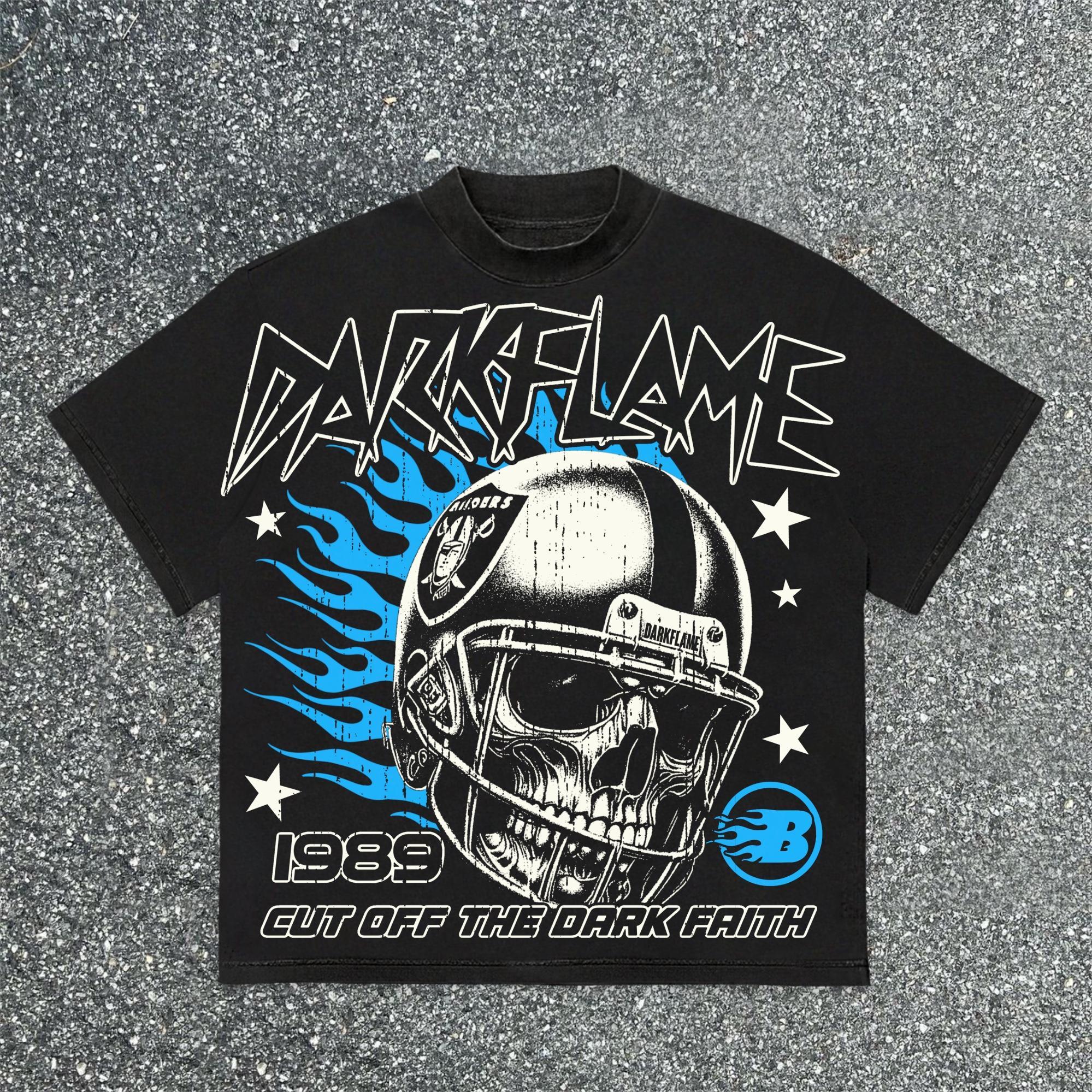 Hellstar Darkflame Skull Flame Rugby Helmet Vintage Graphics Cotton T-Shirt Product Image