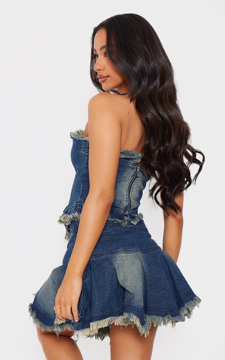 Petite Indigo Blue Wash Frayed Hem Denim Corset Product Image