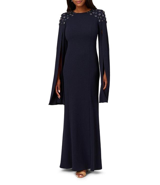 Adrianna Papell Beaded Jewel Neckline Long Cape Sleeve Gown Product Image