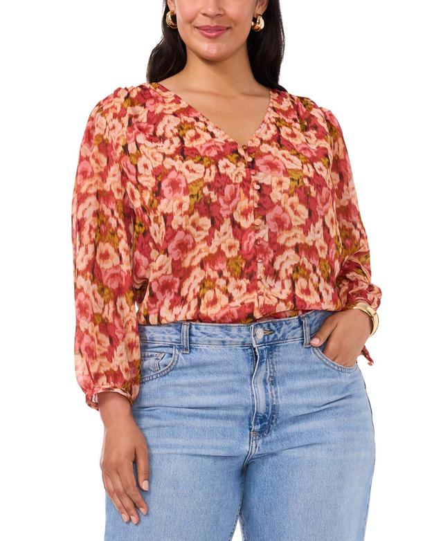 Vince Camuto Womens Plus Size Floral-Print Shirred-Shoulder Button-Front V-Neck Blouse Product Image