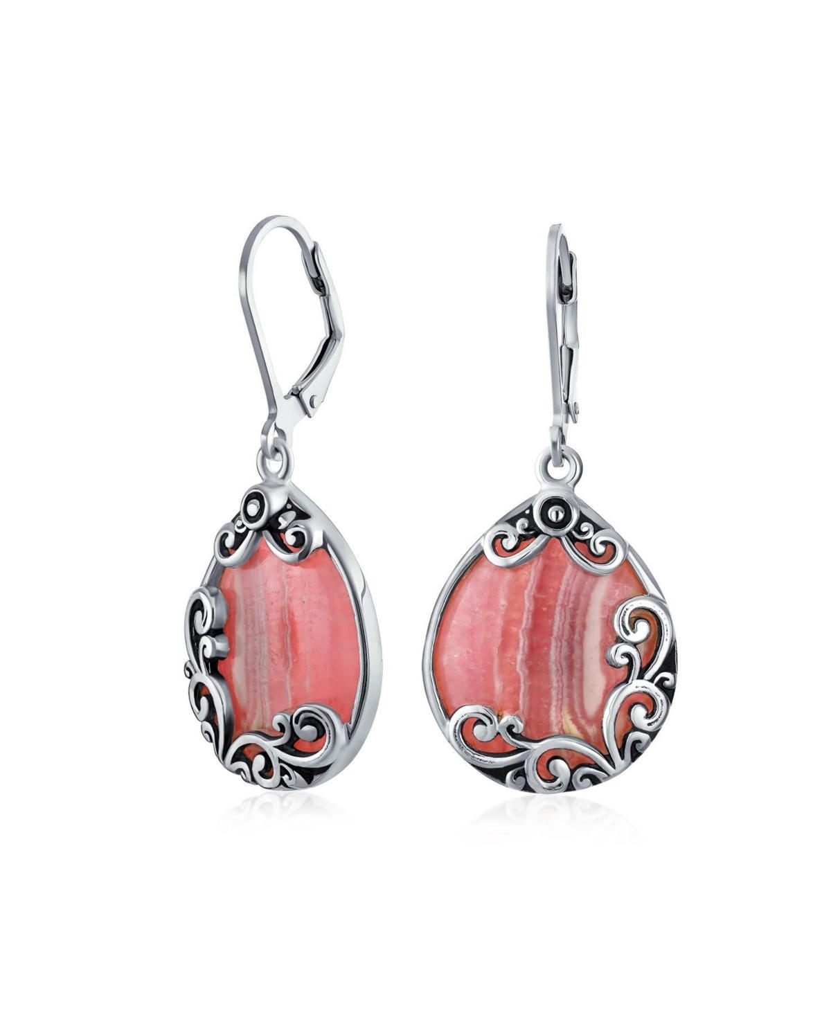 Bling Jewelry Western Style Teardrop Scroll Filigree Scroll Stabilized Pink Natural Rhodochrosite Lever Back Dangle Earrings For Women Sterling Silver Product Image