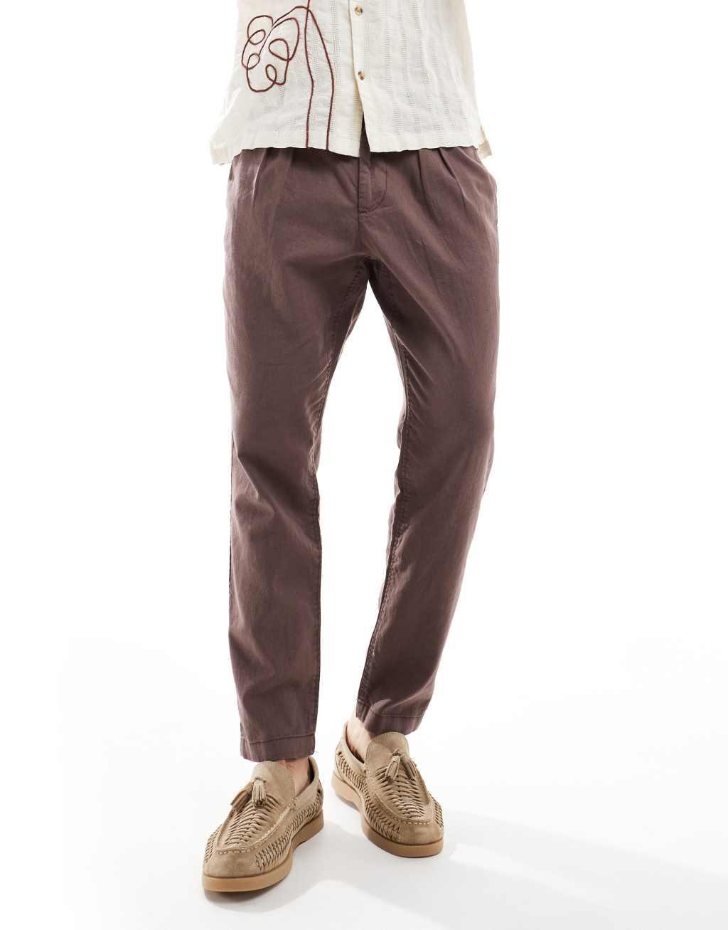 ASOS DESIGN wide pleated linen mix chino pants in brown Product Image