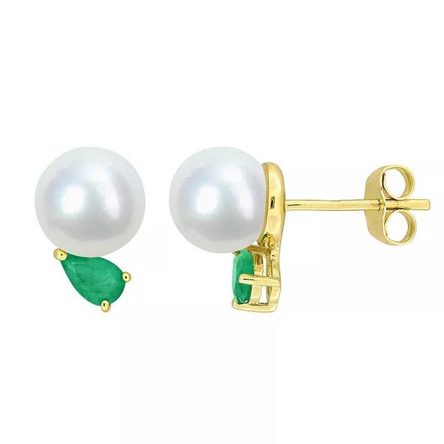 Stella Grace 14k Gold Freshwater Cultured Pearl & Emerald Stud Earrings, Womens Product Image