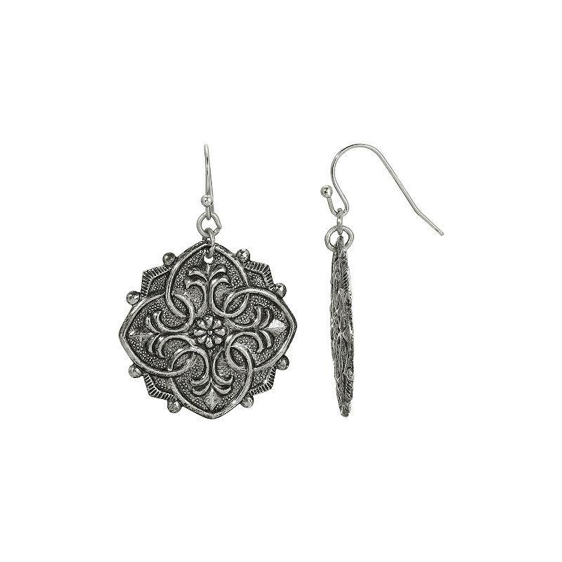 1928 Silver Tone Embossed Flower Medallion Drop Earrings, Womens, Gray Product Image