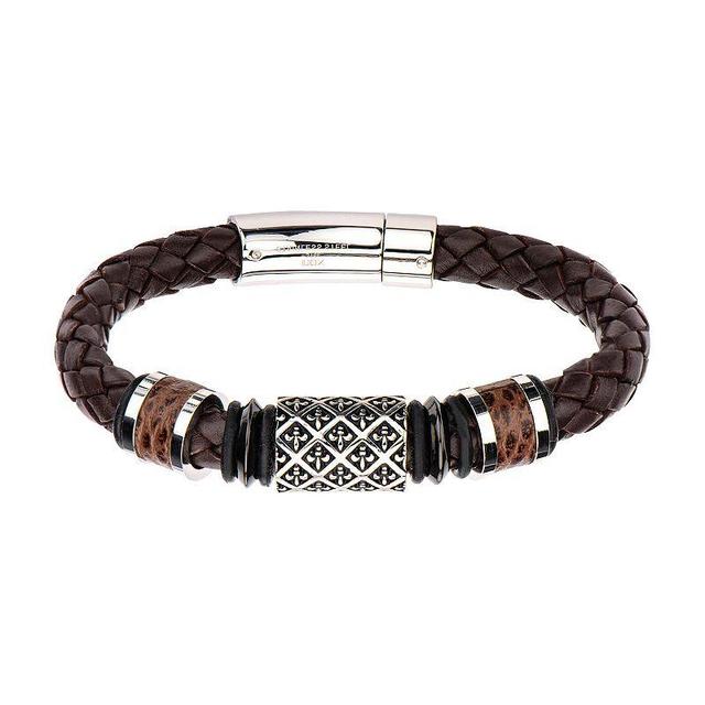 Mens Stainless Steel Fleur De Lis Braided Brown Leather Bracelet Product Image