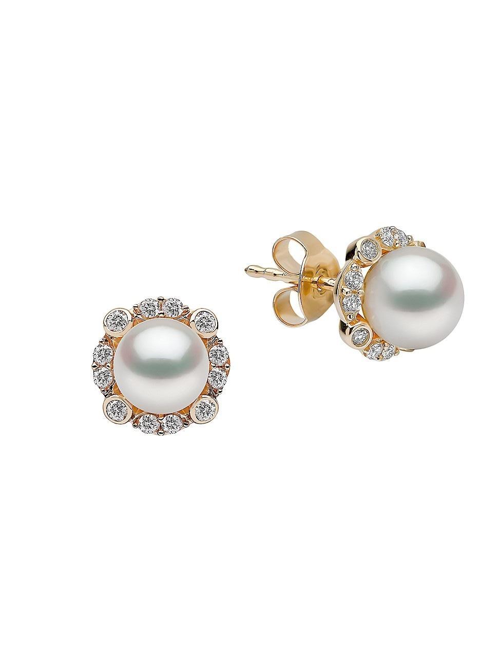 Womens Trend 18K Yellow Gold, Diamond, & 6.5-7MM Cultured Freshwater Pearl Stud Earrings Product Image