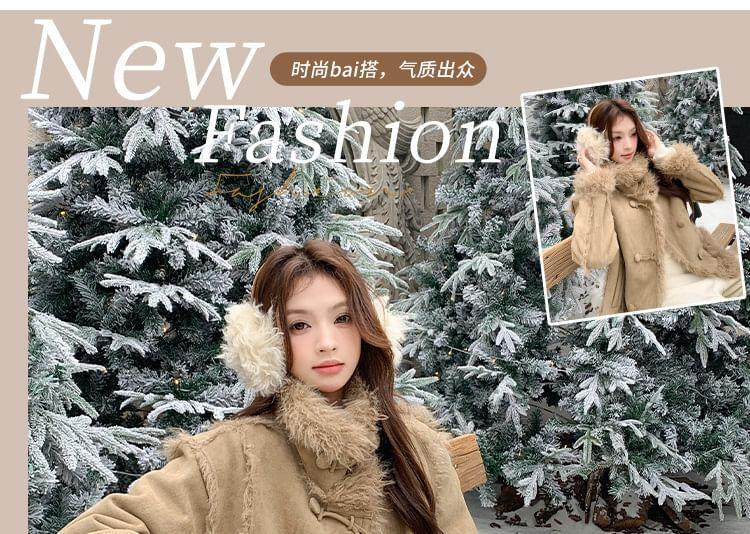 Collared Plain Faux Shearling Button Jacket Product Image