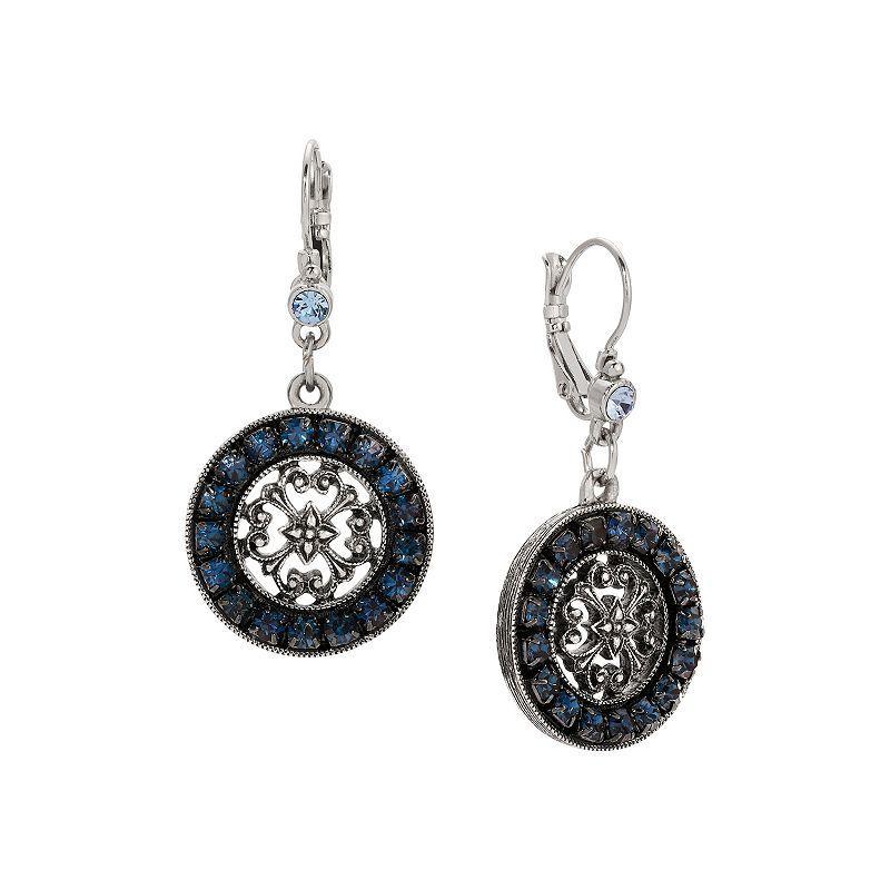 1928 Pewter Blue Crystal Round Drop Leverback Earrings, Womens Product Image