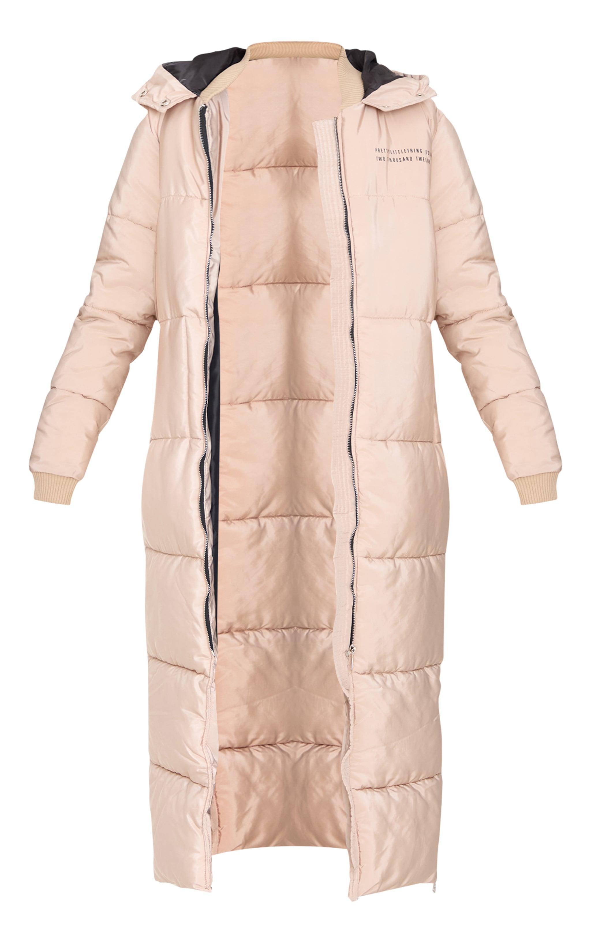 PRETTYLITTLETHING Stone Text Front Maxi Puffer Coat Product Image