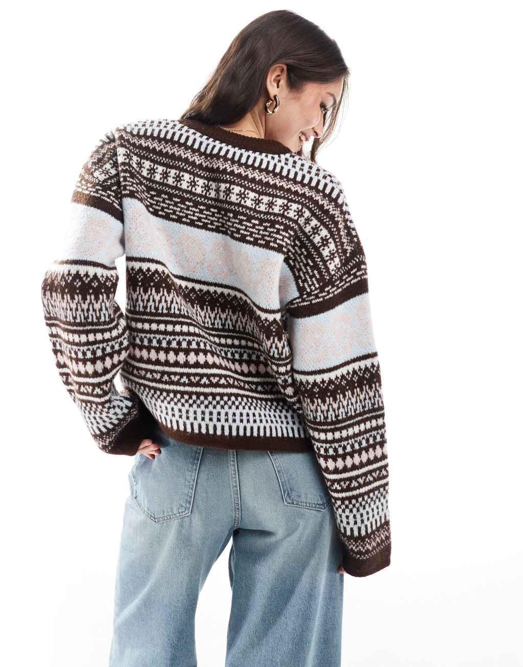 ASOS DESIGN fluffy knit Fair Isle cardigan in brown Product Image