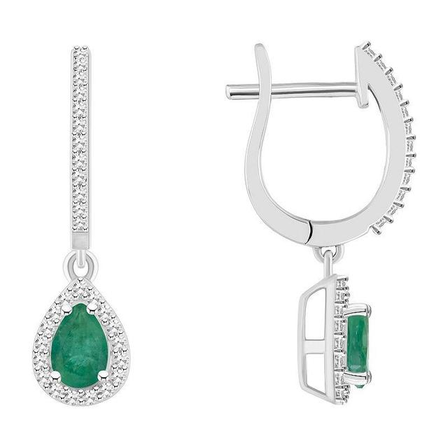 Celebration Gems Sterling Silver Teardrop Emerald & 1/3 Carat T.W. Diamond Hoop Drop Earrings, Womens Product Image