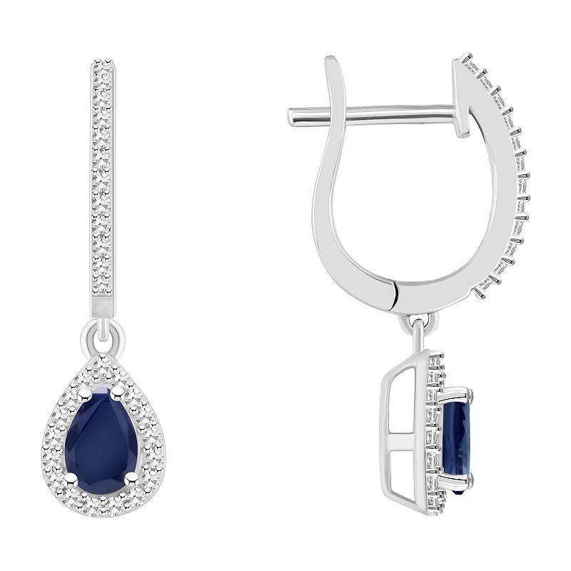 Celebration Gems Sterling Silver Teardrop Sapphire & 1/3 Carat T.W. Diamond Hoop Drop Earrings, Womens Product Image