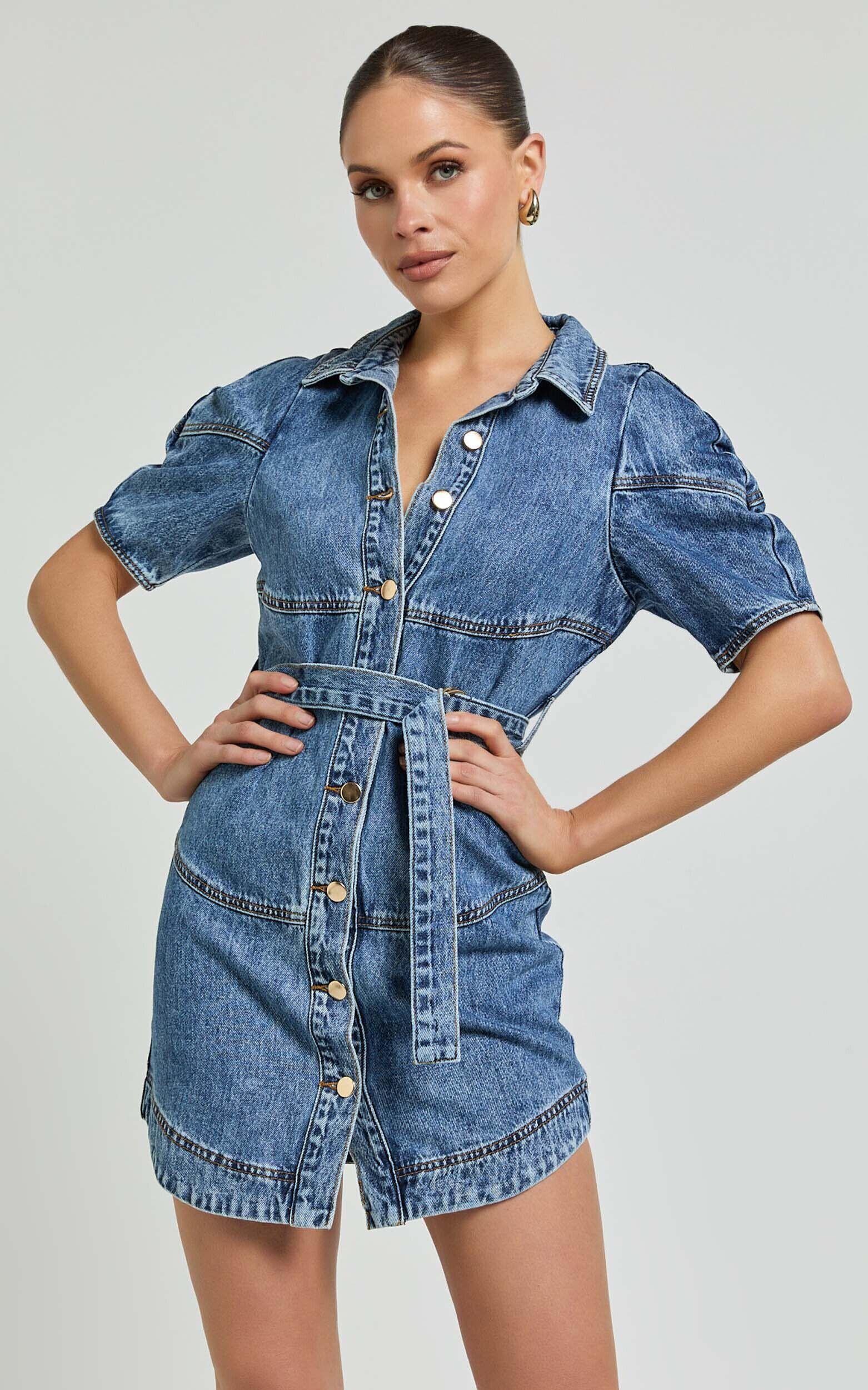 Cannes Mini Dress - Button Through Belted Recycled Denim Dress in Mid Blue Wash Product Image