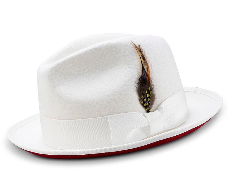 2 ⅜" Brim Wool Felt Dress Hat with Feather Accent White with Red Bottom Product Image