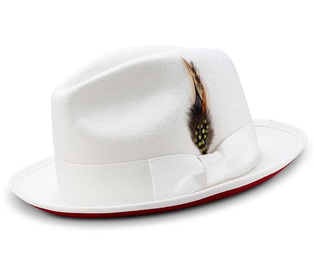 2 ⅜" Brim Wool Felt Dress Hat with Feather Accent White with Red Bottom Product Image