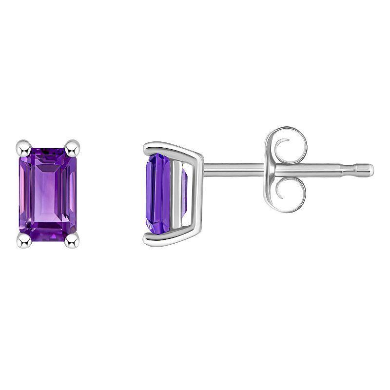 14k White Gold Emerald Cut Birthstone Stud Earrings, Womens, Purple Product Image