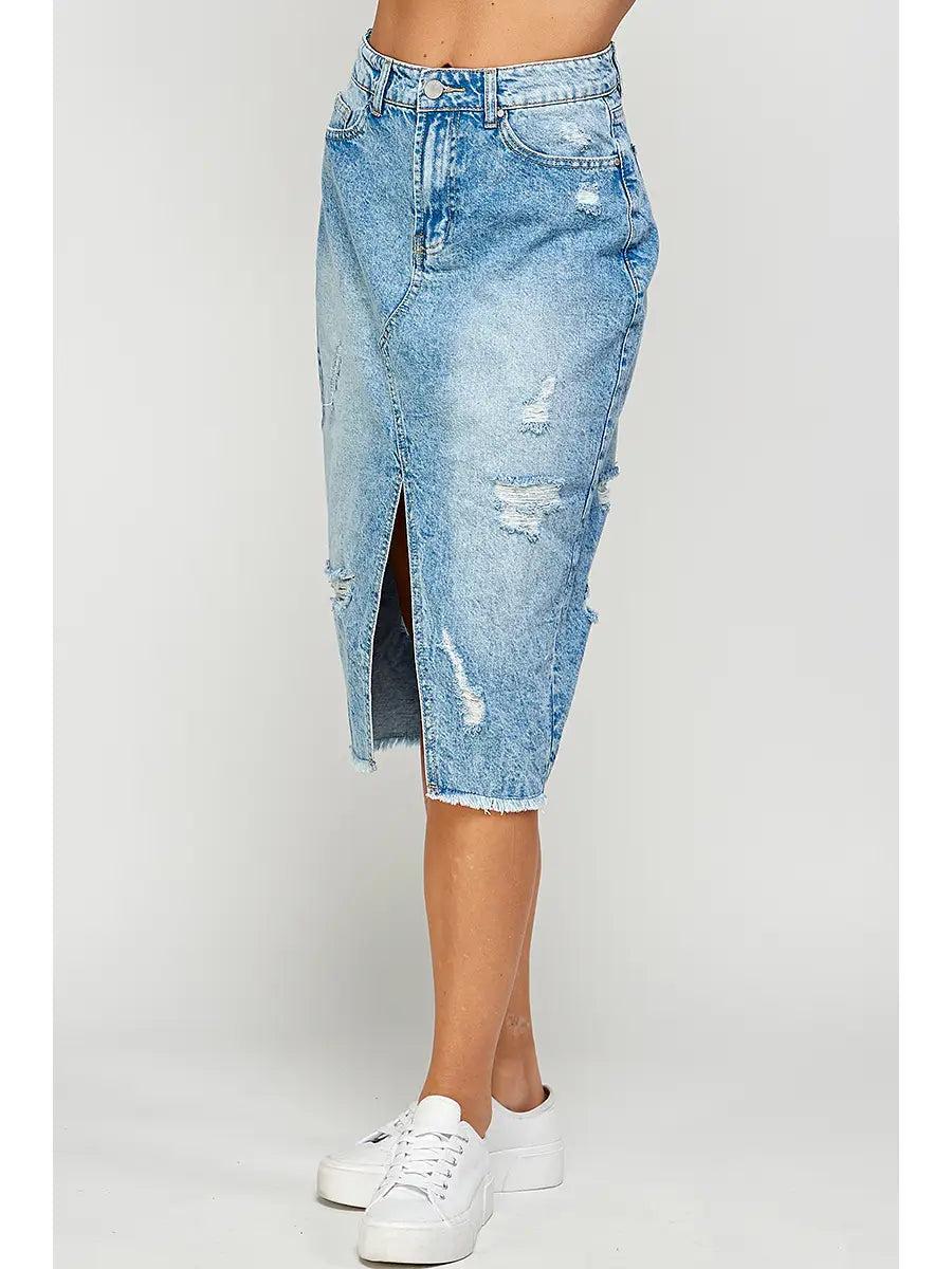 Distressed Long Denim Skirt Product Image