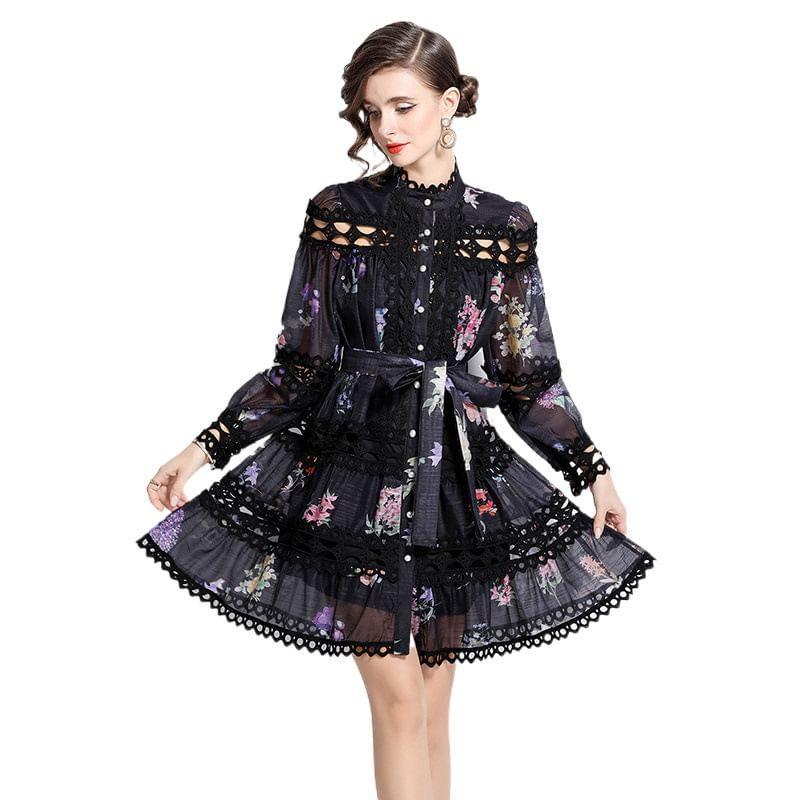 Long-Sleeve Band Collar Floral Cutout Button A-Line Dress Product Image