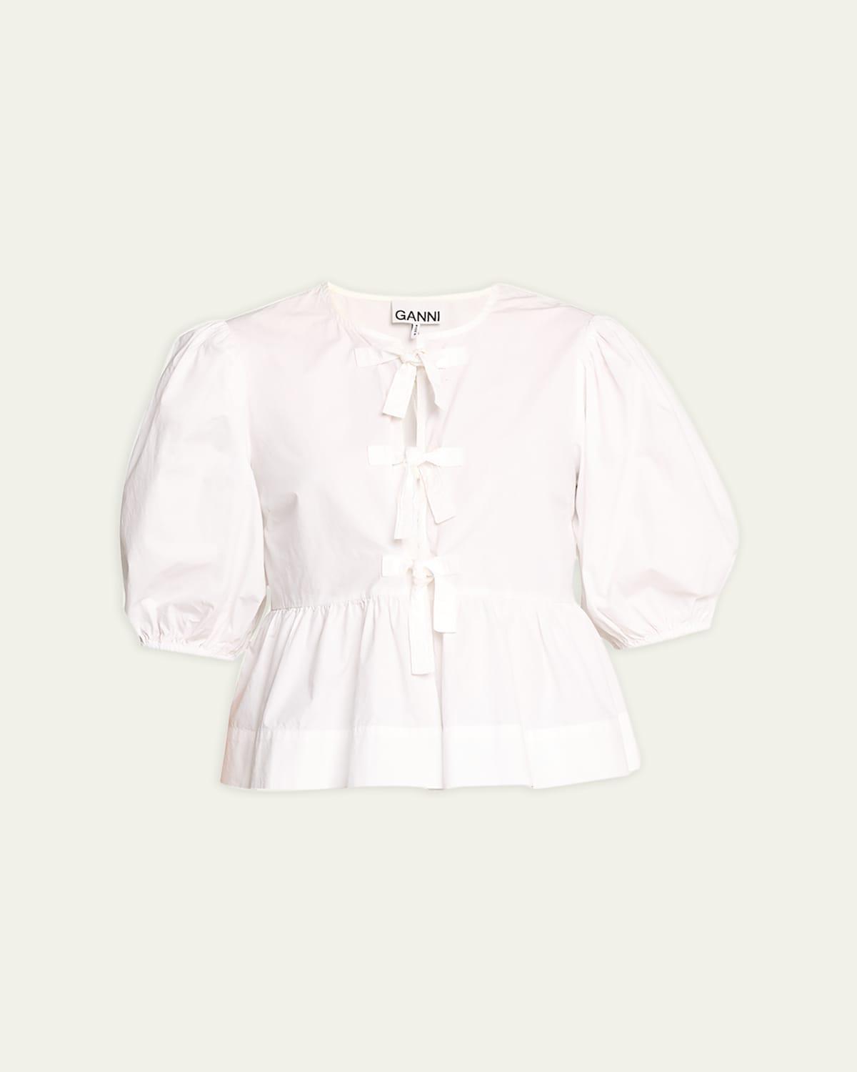 Poplin Front-Tie Peplum Blouse with Puffed-Sleeves Product Image