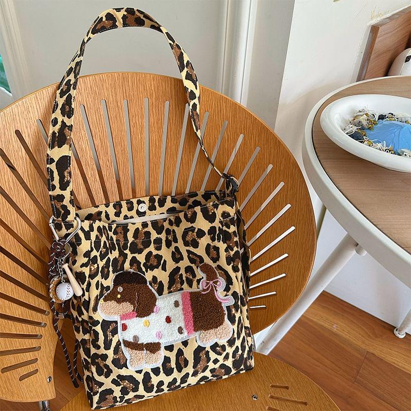 Leopard Print Dog Applique Canvas Crossbody Bag / Makeup Pouch Product Image