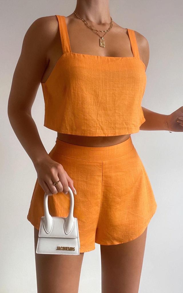 Zanrie Two Piece Set - Linen Look Square Neck Crop Top and High Waist Mini Flare Shorts Set in Orange Product Image