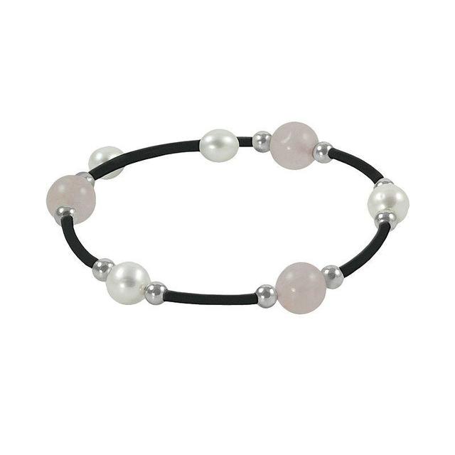 Sterling Silver Freshwater Cultured Pearl and Rose Quartz Stretch Bracelet, Womens, White Product Image