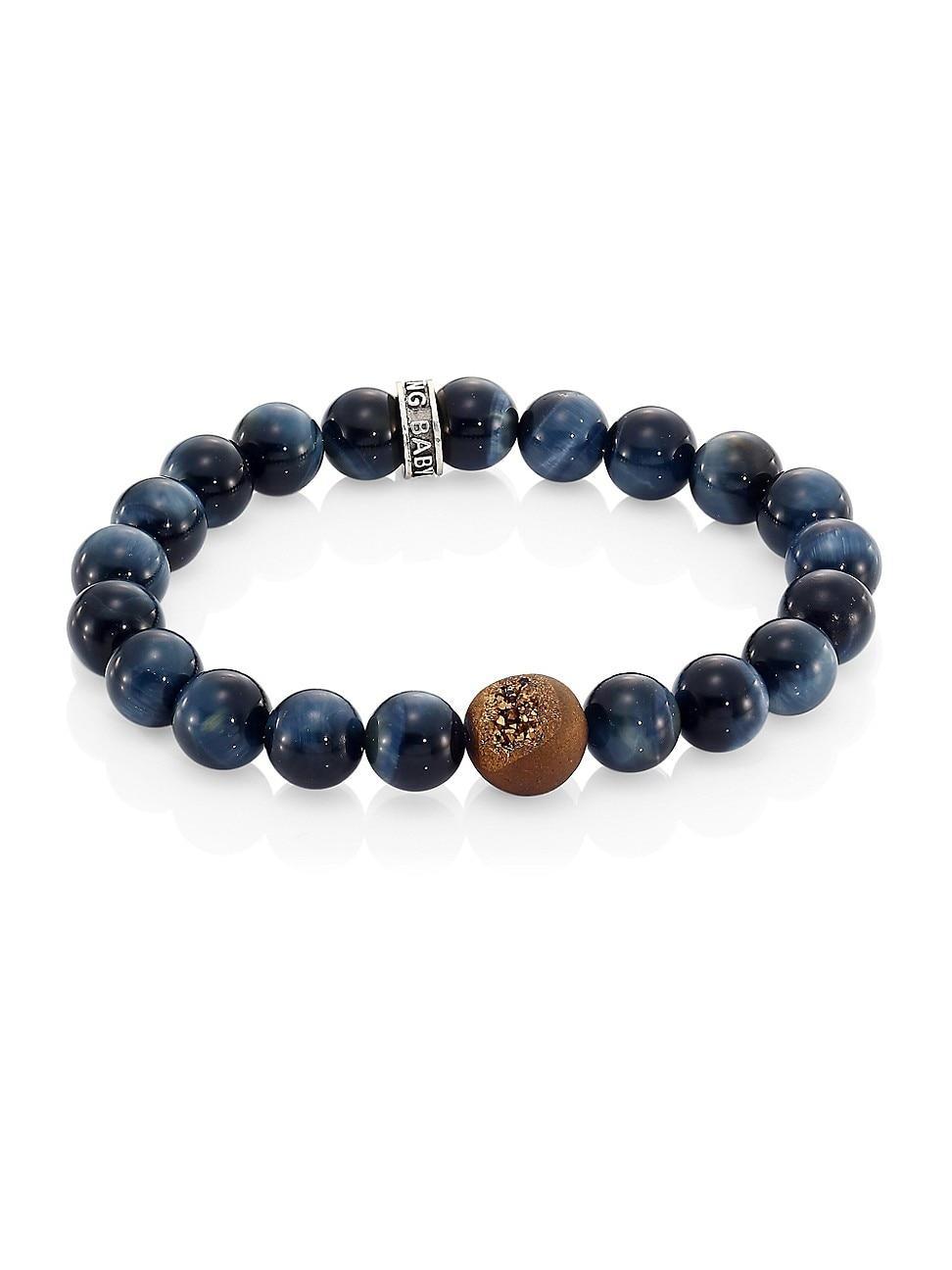 Mens Tigers Eye, Agate & Sterling Silver Beaded Bracelet Product Image