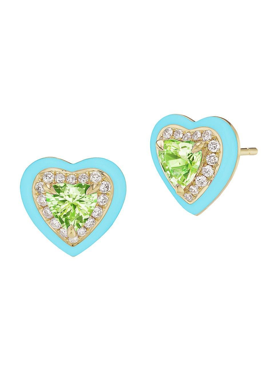 Womens Dress Up 18K Yellow Gold, Enamel, Peridot,.22 TCW Diamond Heart Stud Earrings - Yellow Gold Product Image