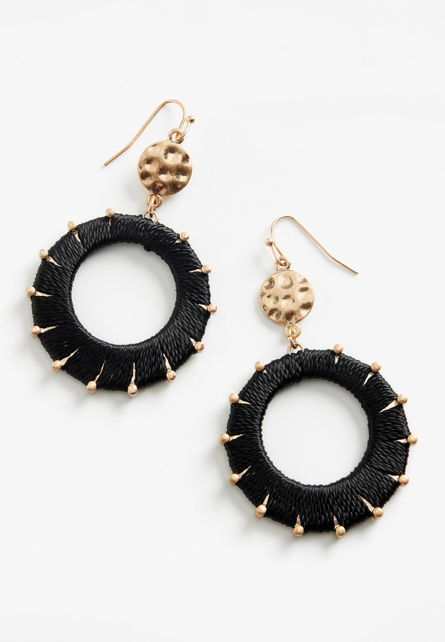 Black Fabric Wrapped Double Drop Earrings Product Image