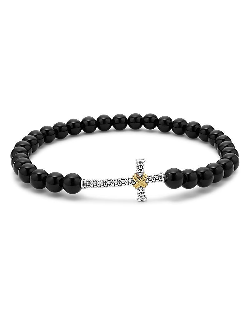 Men's Sterling Silver and 18K Gold Anthem Black Onyx Cross Beaded Bracelet, 25mm Product Image