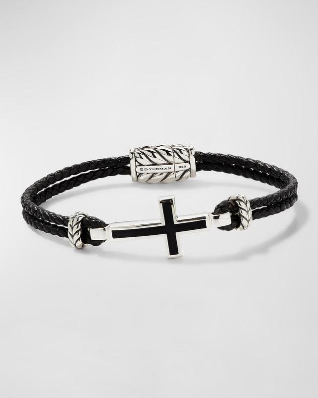 Mens Exotic Stone Cross Black Leather Bracelet with Black Onyx Product Image