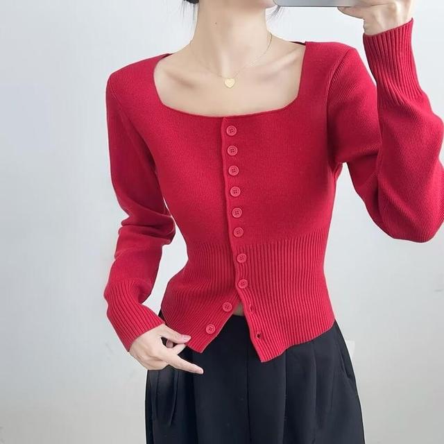 Square Neck Plain Cardigan Product Image