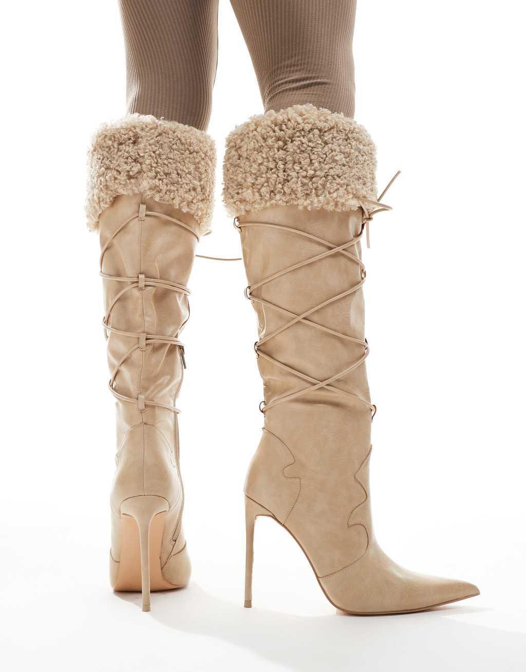 Public Desire Crusader fur trim pointed knee boots in cream Product Image