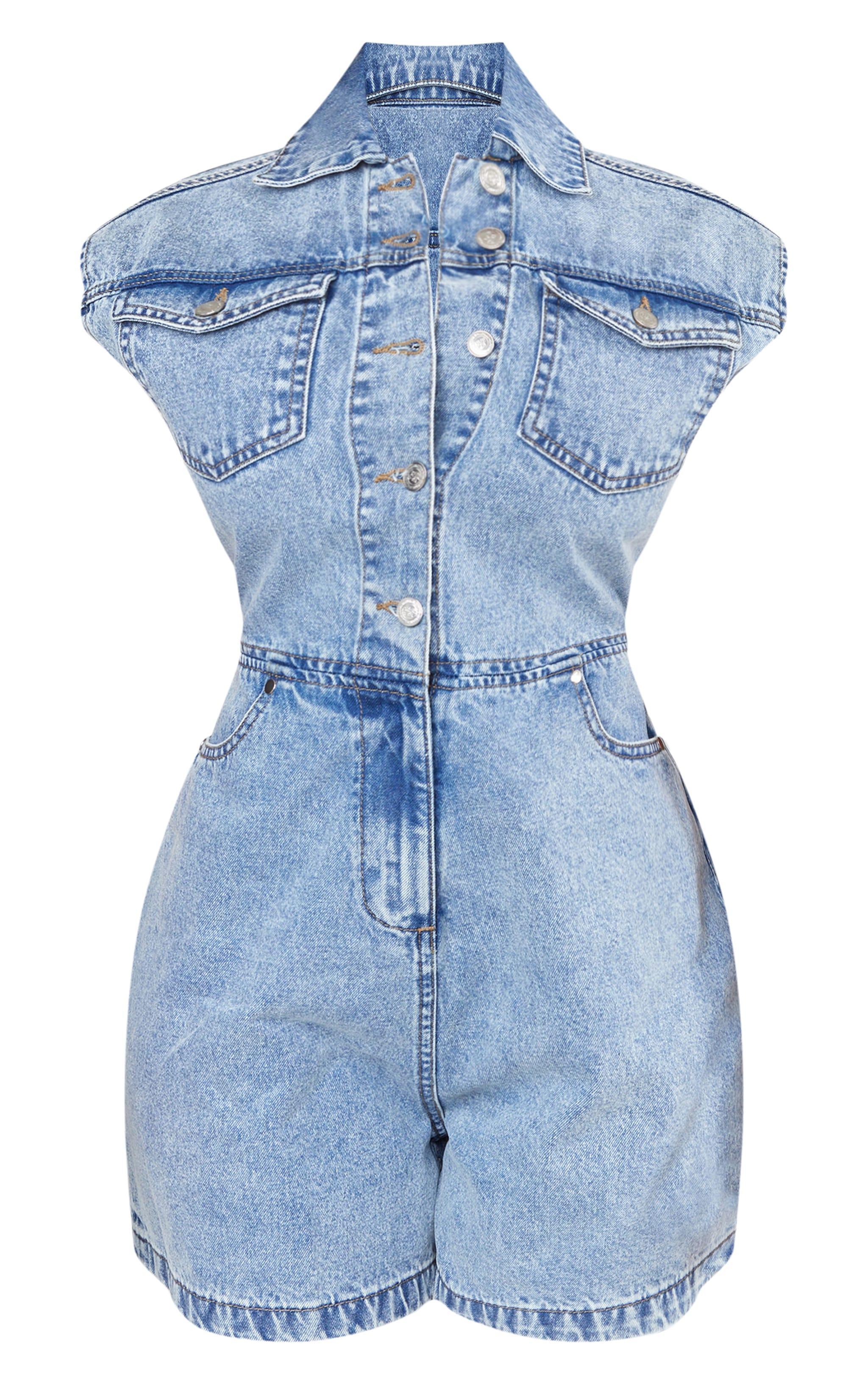 Shape Light Blue Sleeveless Rigid Denim Romper Product Image