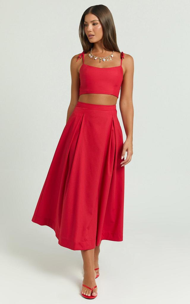 Rosalee Two Piece Set - Strappy Crop Top and High Waisted A Line Midi Skirt Set in Red Product Image