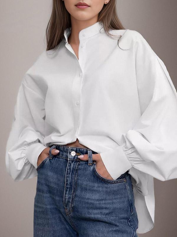 Loose Puff Sleeves Pleated Solid Color Split-Joint Split-Side Stand Collar Blouses product image