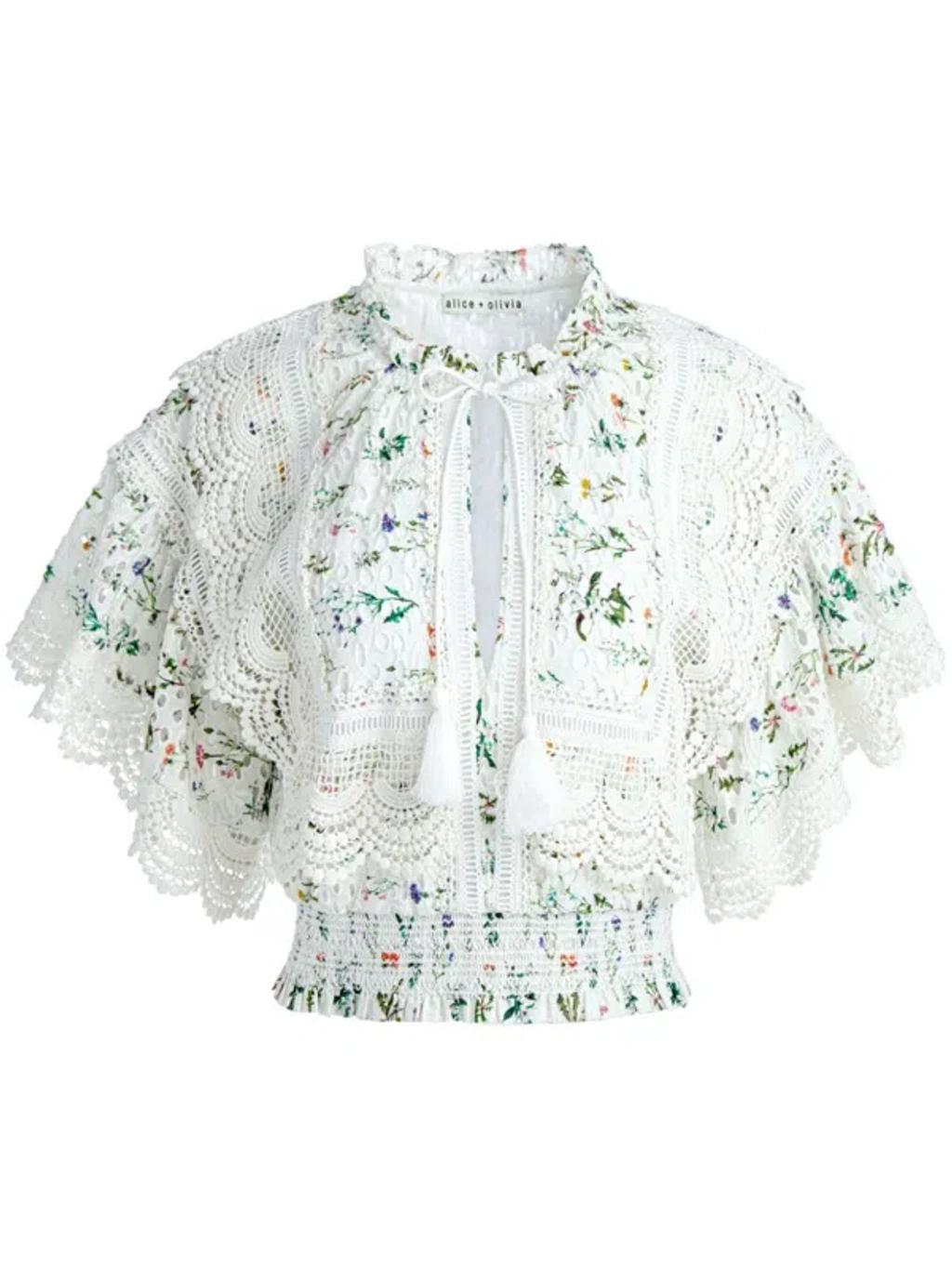 ALICE AND OLIVIA Flower Print Cotton Top In White Product Image